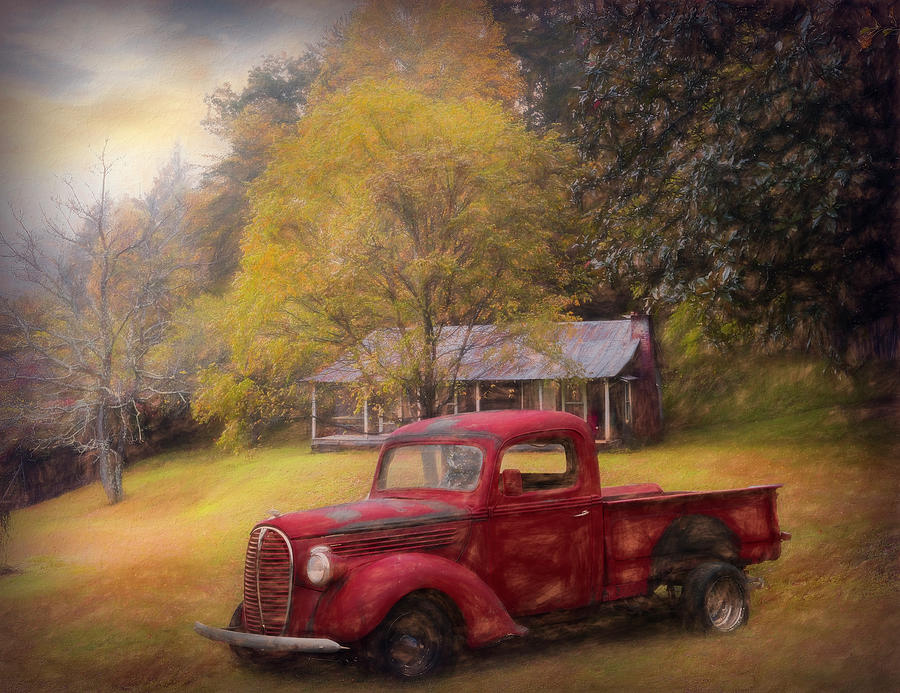 Red Pickup Truck at the Farm Painting Photograph by Debra and Dave Vanderlaan