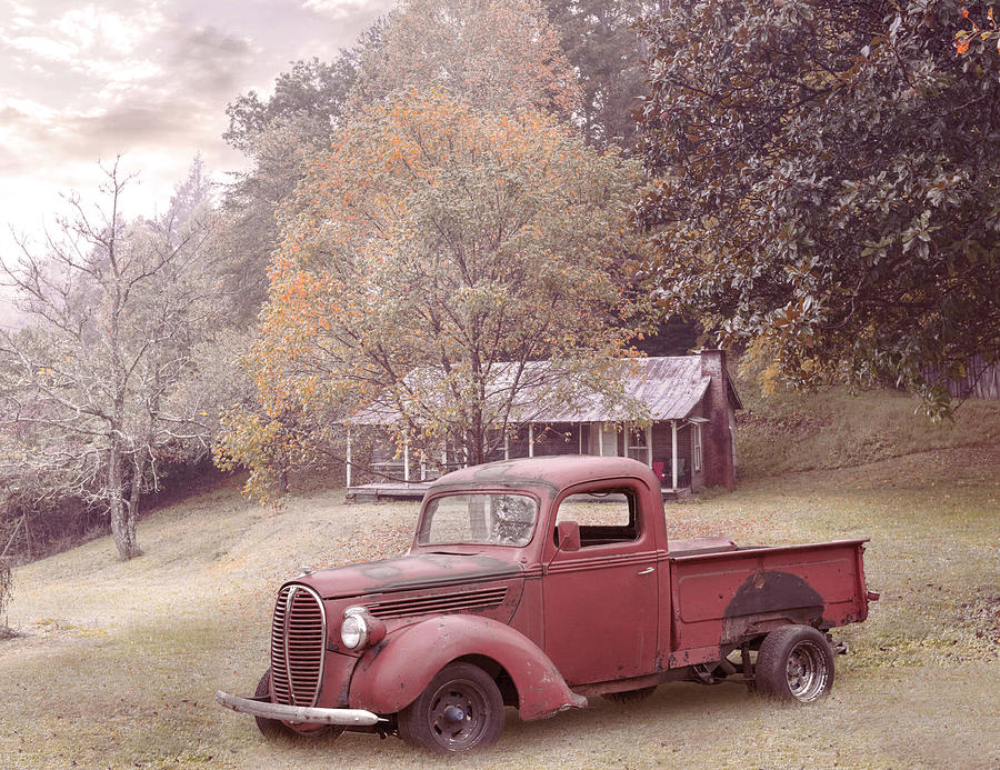 Red PIckup Truck at the Farmhouse Photograph by Debra and Dave Vanderlaan