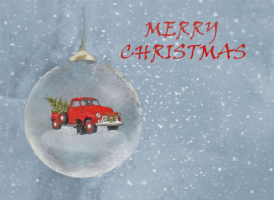 Christmas Mixed Media - Red Pickup With And Christmas Tree And Dog Ornament by Sandi OReilly