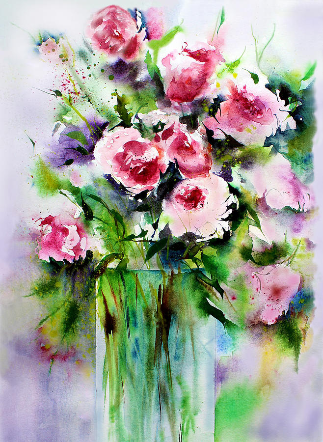 Red Pink Roses In Vase Watercolor Mixed Media by Sandi OReilly
