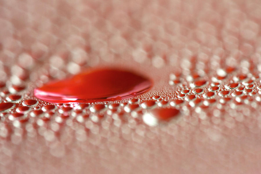 Red-Pink Water Droplets on Glas Photograph by Iris Richardson
