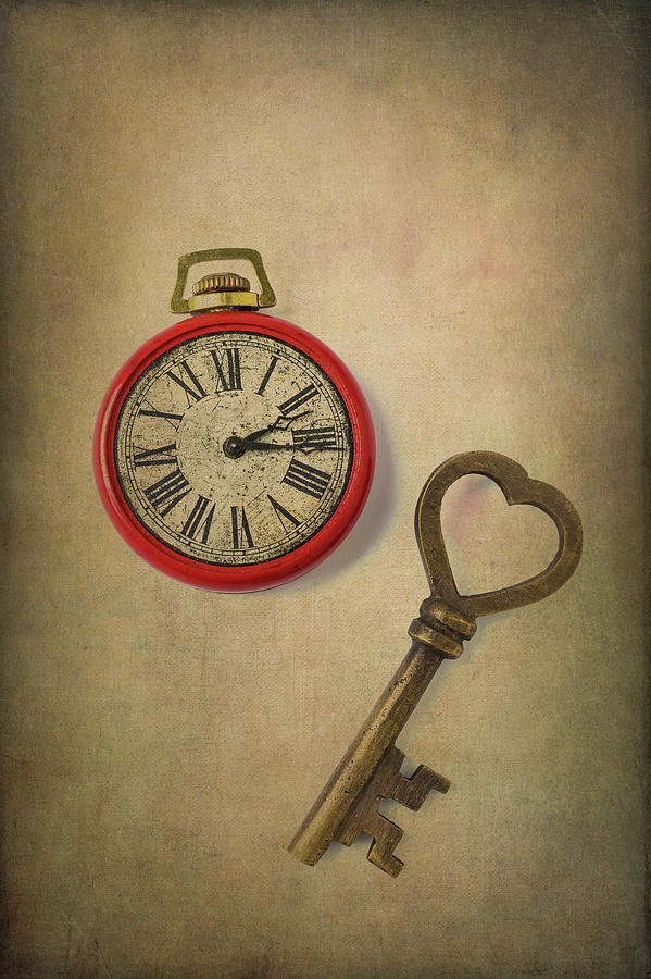 Red Pocketwatch And Heart Key Photograph by Garry Gay