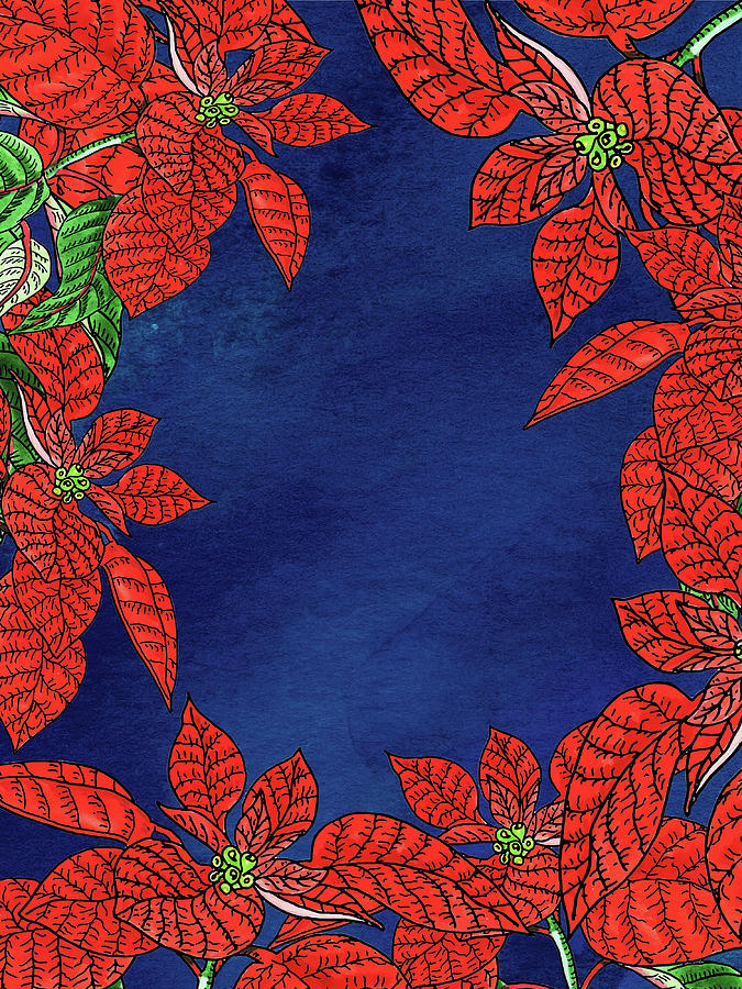 Red Poinsettia Dark Blue Night Christmas Sky  Painting by Irina Sztukowski