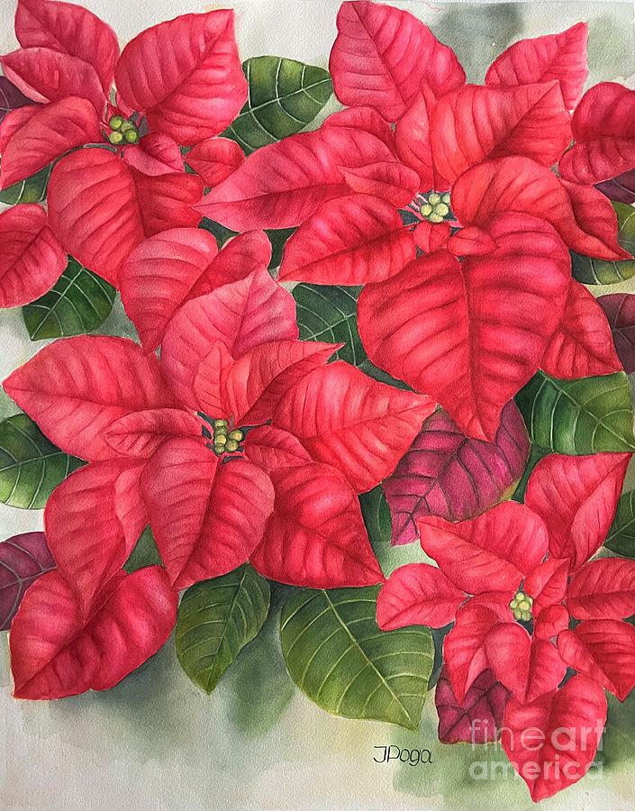 Red poinsettias Painting by Inese Poga