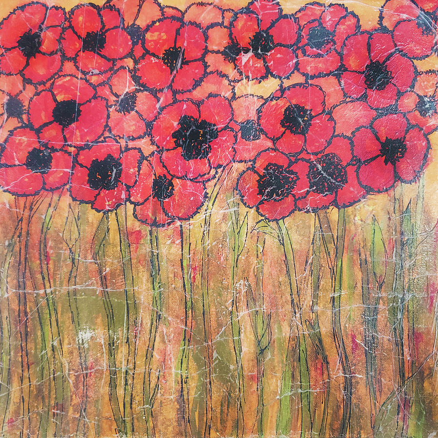 RED POPPIES Abstract Flowers in A Field Painting by Lynnie Lang