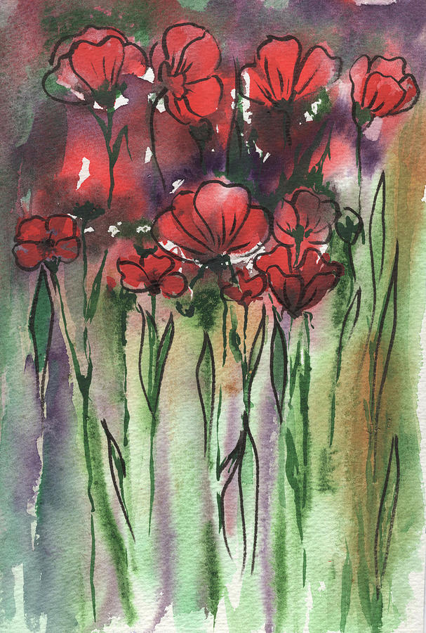 Red Poppies Abstract Watercolor Garden Flowers  Painting by Irina Sztukowski