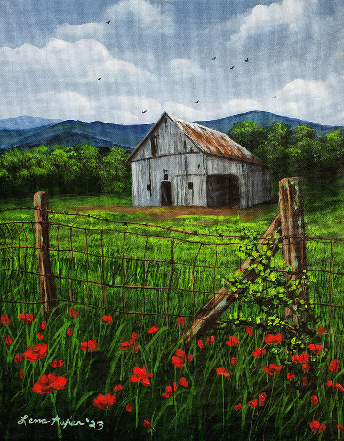 Red Poppies and Barn Painting by Lena Auxier