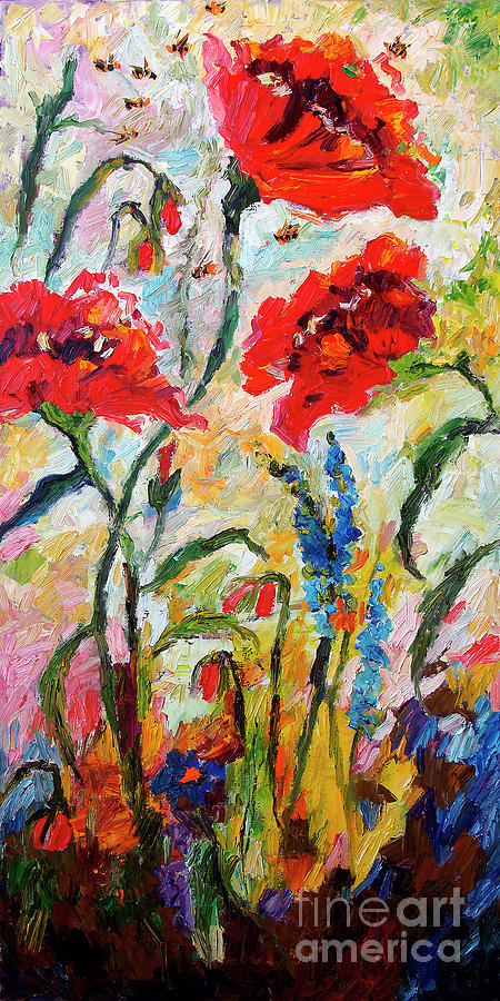 Red Poppies and Bees Provence Painting by Ginette Callaway