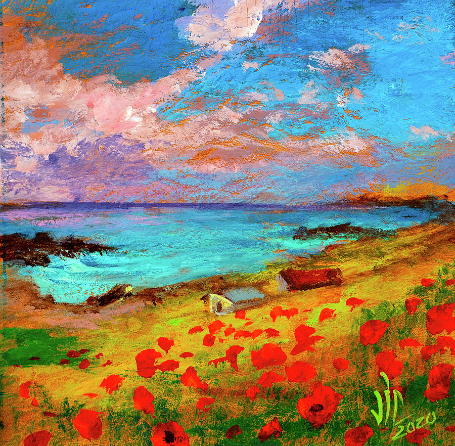 Red poppies and Black Sea view painting by Vali Irina Ciobanu Painting by Vali Irina Ciobanu