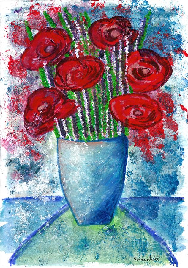 Red Poppies and Rosemary Bouquet  Painting by Ramona Matei