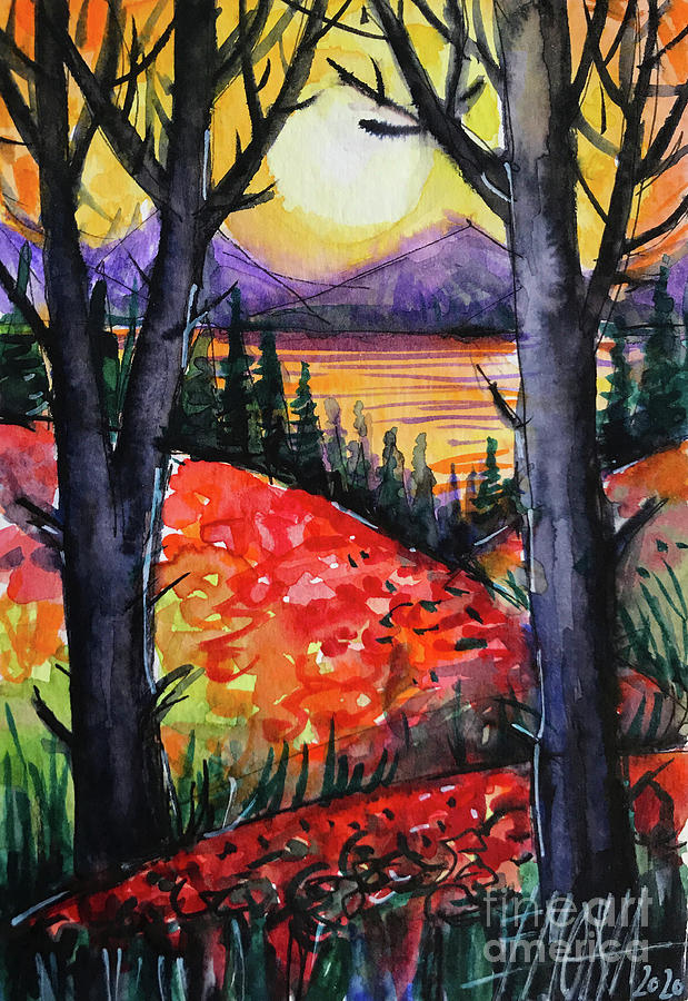 Red Poppies and the Magic Trees - watercolor painting Mona Edulesco Painting by Mona Edulesco