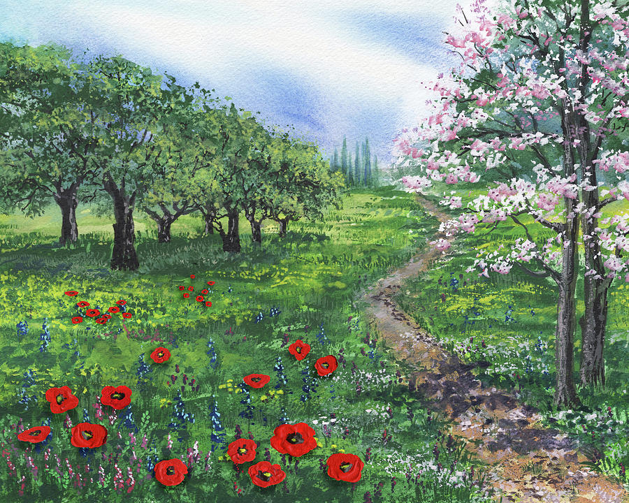 Red Poppies And Tree Blossoms Landscape  Painting by Irina Sztukowski