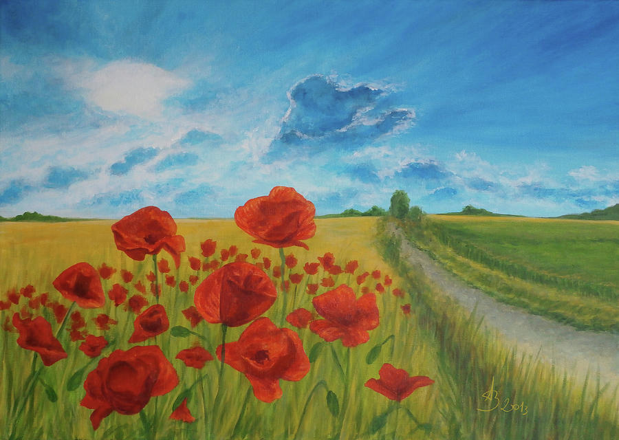 Trail by a Field of Red Poppies Painting, Spring Landscape Art Painting by Aneta Soukalova