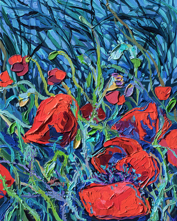 Red poppies, blue grass Painting by Anastasia Trusova
