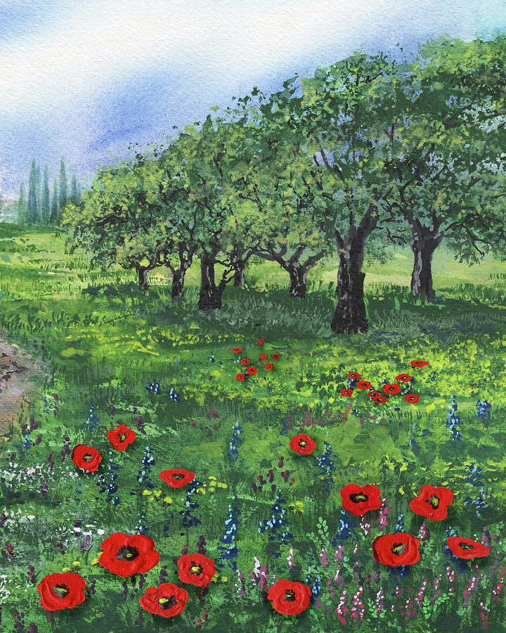 Red Poppies Field And Oak Trees  Painting by Irina Sztukowski
