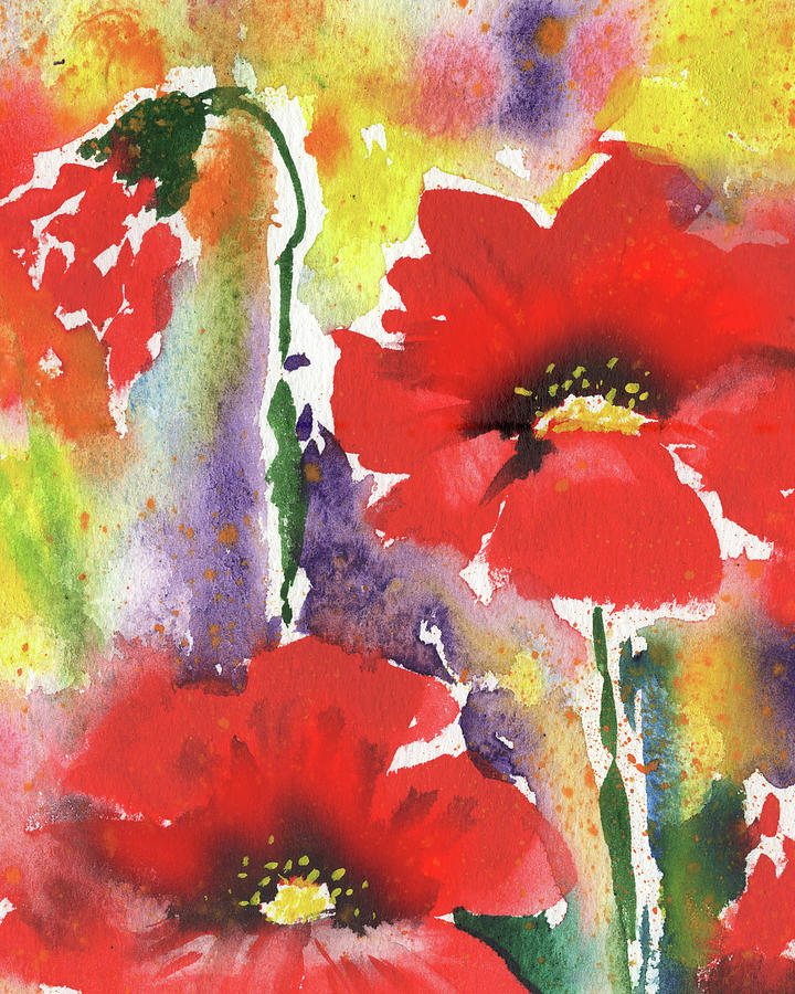 Red Poppies Hidden Flower Garden Watercolor Artful Splash  Painting by Irina Sztukowski