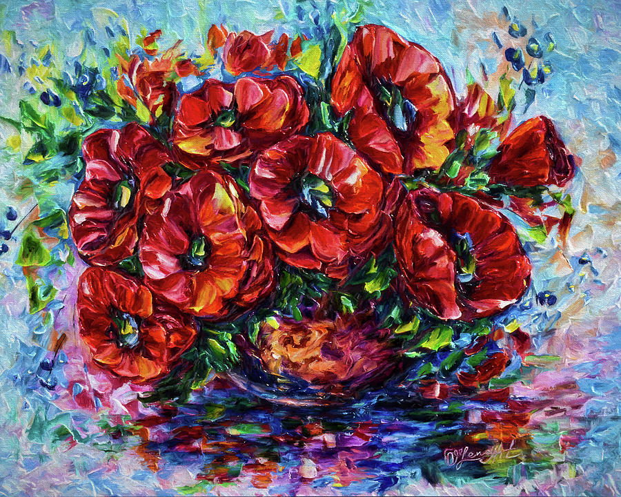 Red Poppies In A Vase  Painting by Lena Owens - OLena Art Vibrant Palette Knife and Graphic Design