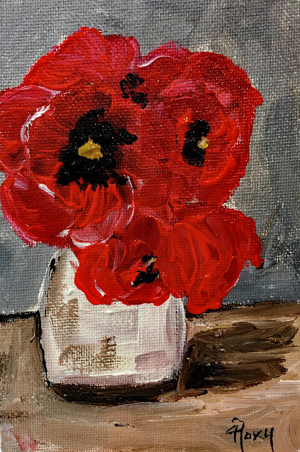 Red Poppies in a White Vase Painting by Roxy Rich
