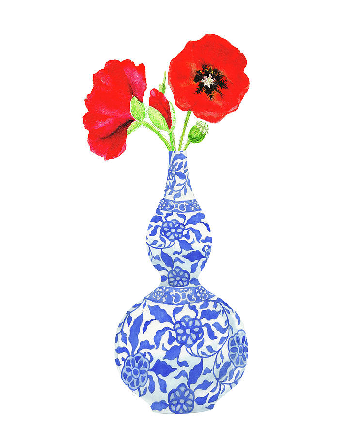 Red Poppies In Blue White Chinese Vase Watercolor Painting by Irina Sztukowski