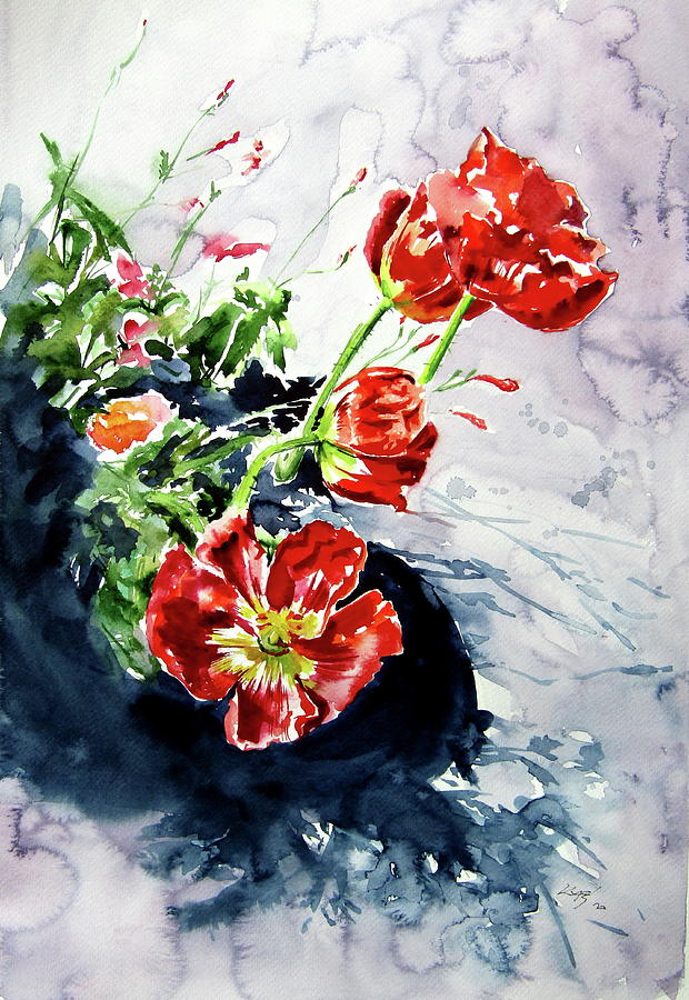 Poppy Painting - Red poppies in garden by Kovacs Anna Brigitta