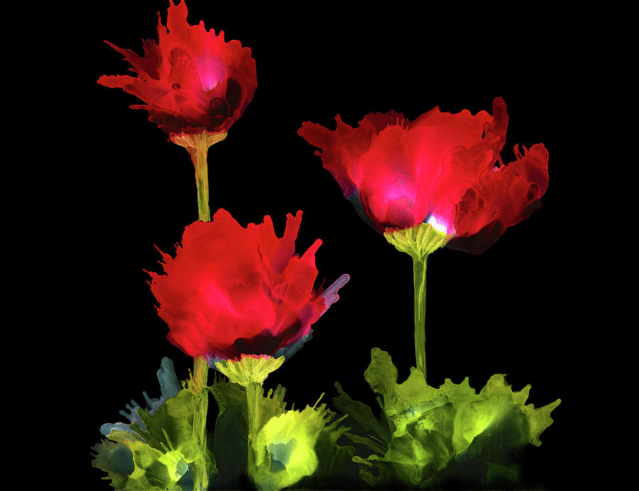 Red Poppies on Black Background Alcohol Ink Painting Painting by Deborah League