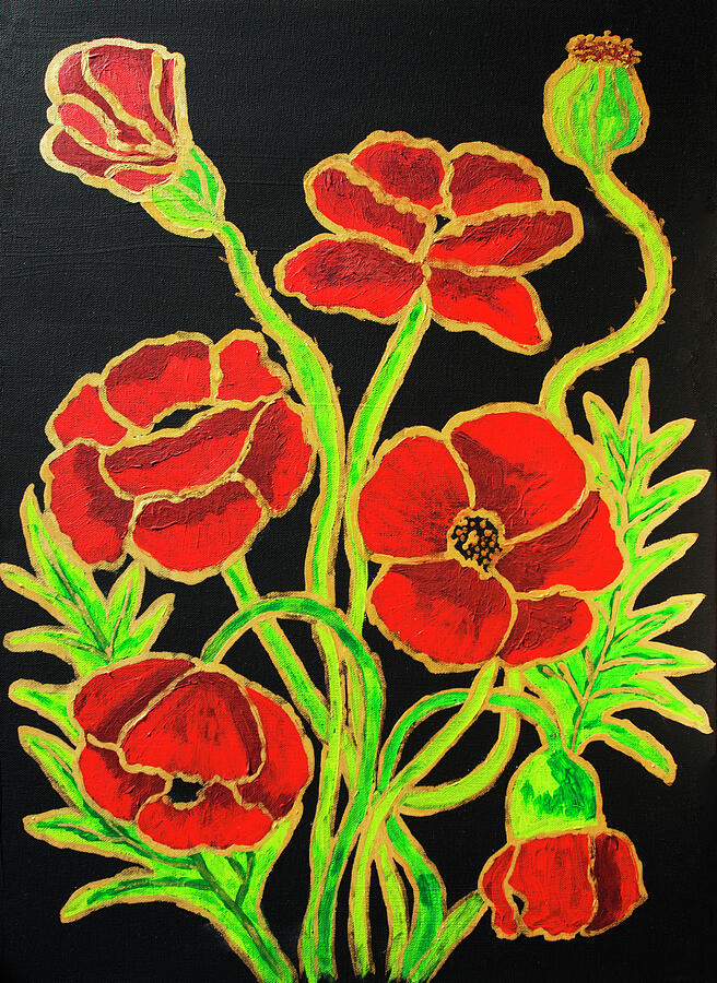 Red poppies on black with gold Painting by Irina Afonskaya