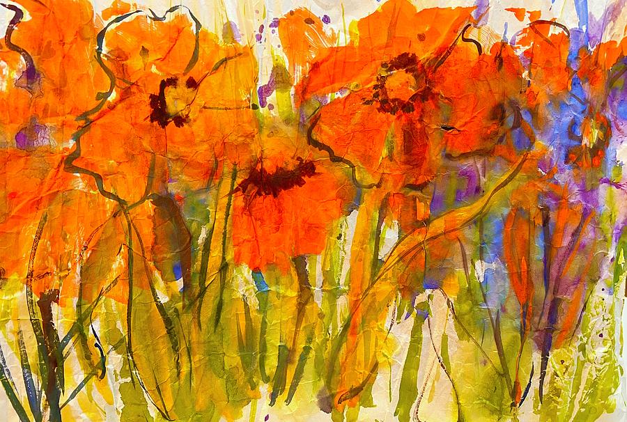 Red poppies rice paper Painting by Caroline Patrick