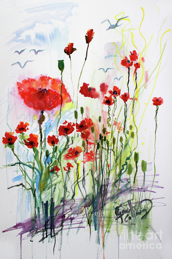 Red Poppies Simple Whimsical Watercolor Painting by Ginette Callaway