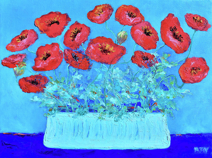 Poppy Painting - Red Poppies Still Life on blue by Jan Matson