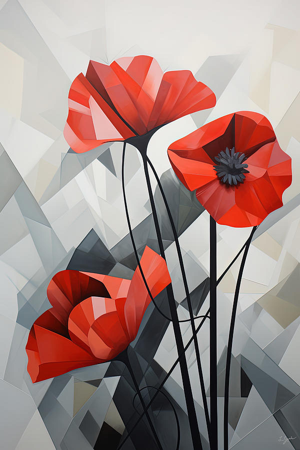 Red Poppies Trio Modern Art Painting by Lourry Legarde