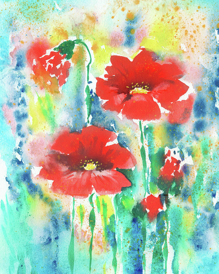 Red Poppies Turquoise Garden Watercolor Fresh Art Splash  Painting by Irina Sztukowski