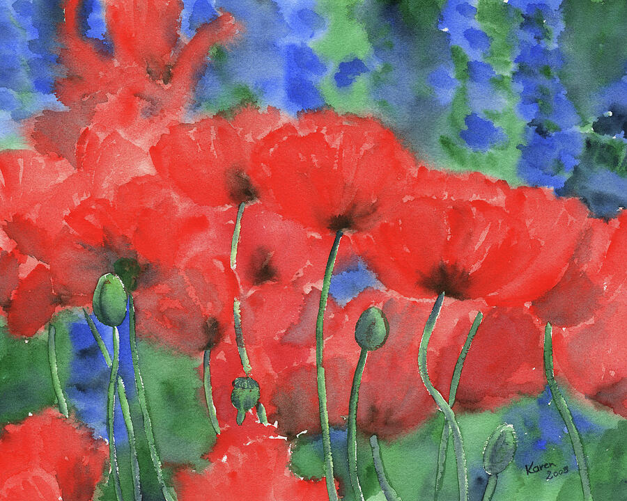 Red poppies with blue delphinium flowers Painting by Karen Kaspar