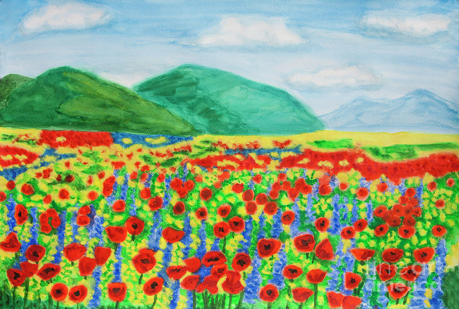 Red poppies with yellow rapeseed and bluebonnets Painting by Irina Afonskaya