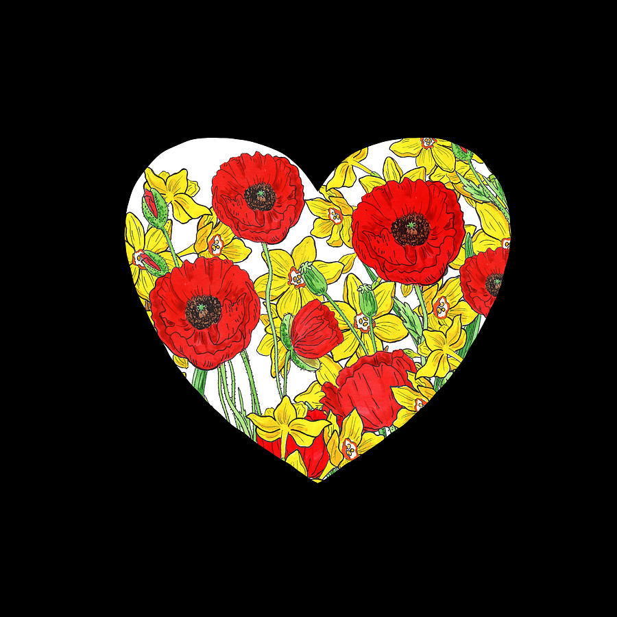 Red Poppies Yellow Daffodils Flower Heart Watercolor Art Painting