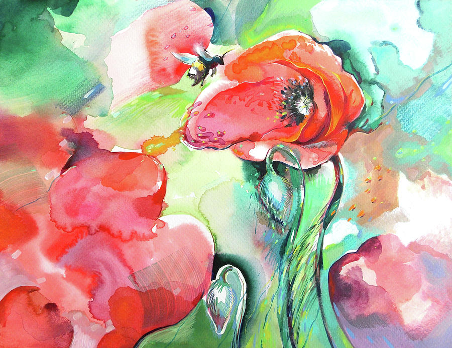Red poppy and bee Painting by Katya Atanasova