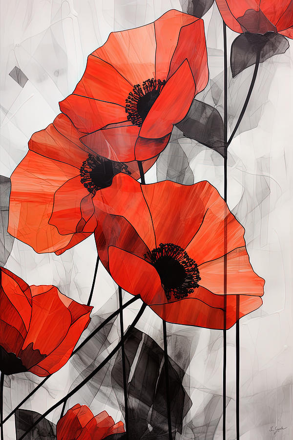 Red Poppy Botanical Art Painting by Lourry Legarde