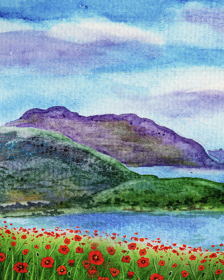 Red Poppy Field Blue Lake And Mountains Watercolor  Painting by Irina Sztukowski