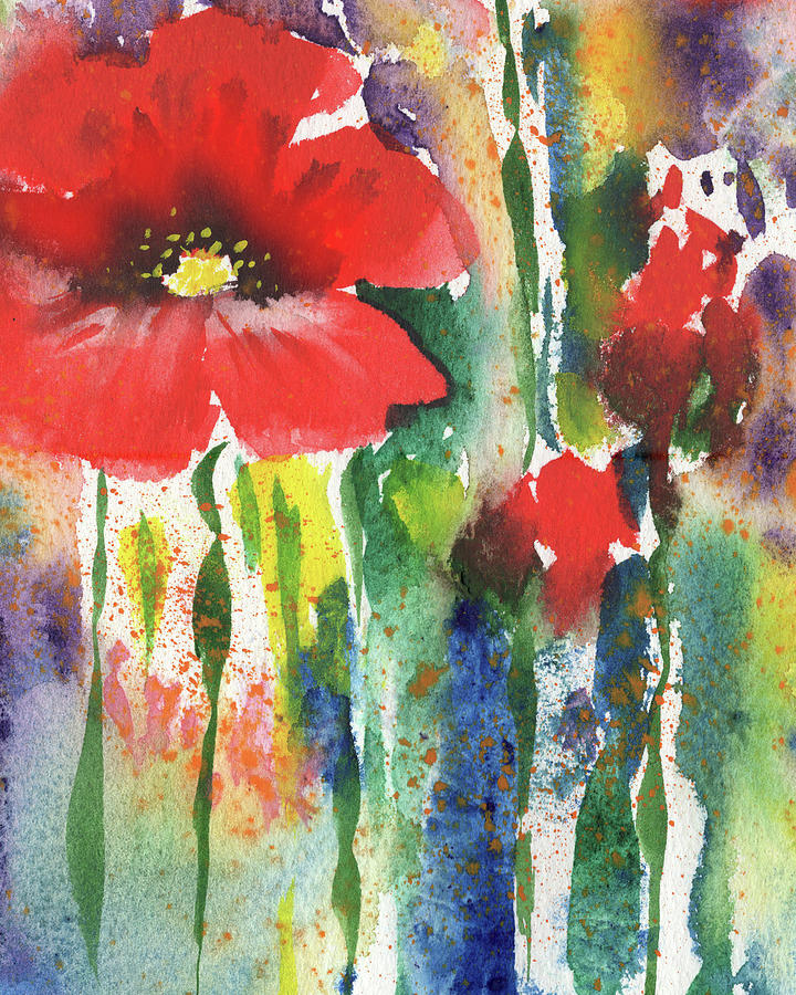 Red Poppy Flowers Hidden Garden Watercolor Artful Splash  Painting by Irina Sztukowski