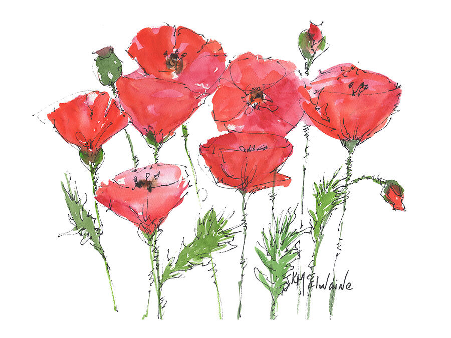 Poppy Painting - Red Poppy Garden FL044 by Kathleen McElwaine