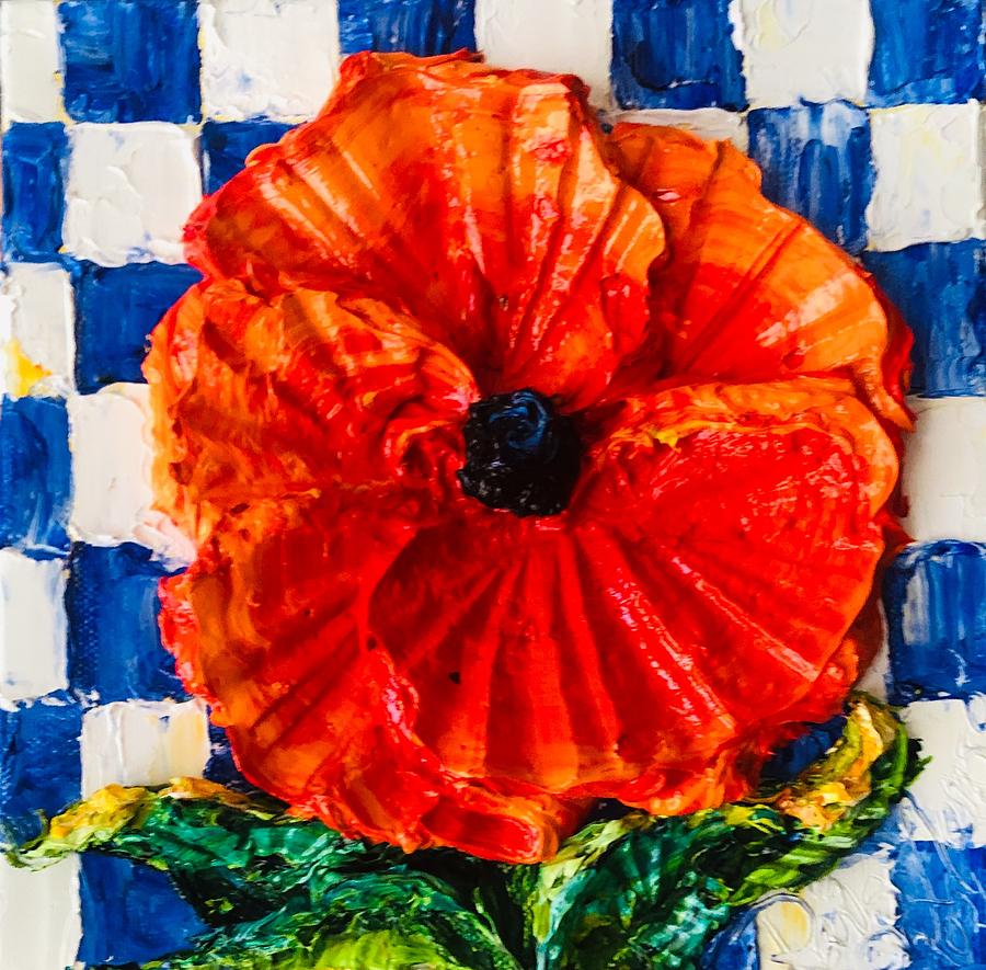 Red Poppy on Blue Checkerboard Painting by Paris Wyatt Llanso