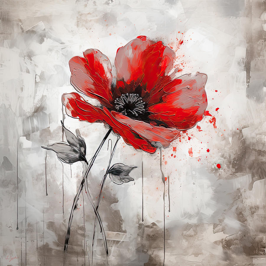 Red Poppy on Gray Painting by Lourry Legarde