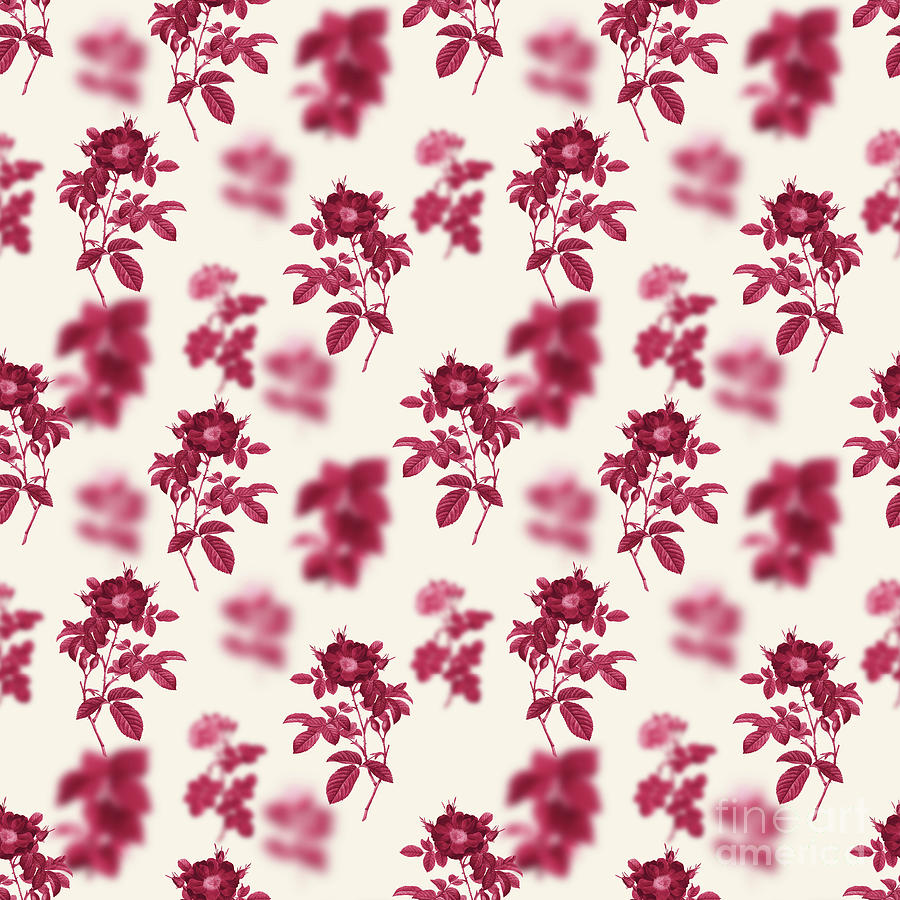 Red Portland Rose Botanical Seamless Pattern In Viva Magenta N.1051 Mixed Media
