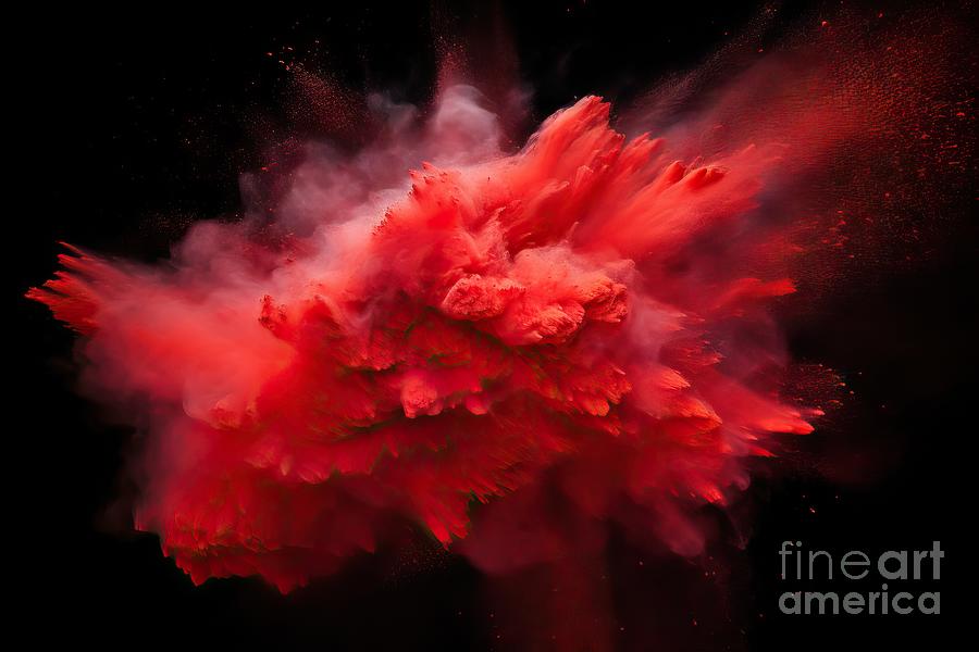Abstract Painting - Red powder explosion on black background. Freeze motion of red dust particles splash. by N Akkash