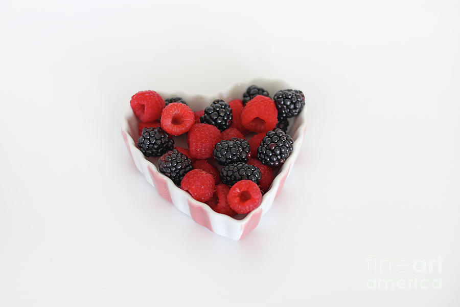 Red Raspberries and Blackberries in a Pink and White Bowl with White Background 7294 Photograph by Jack Schultz
