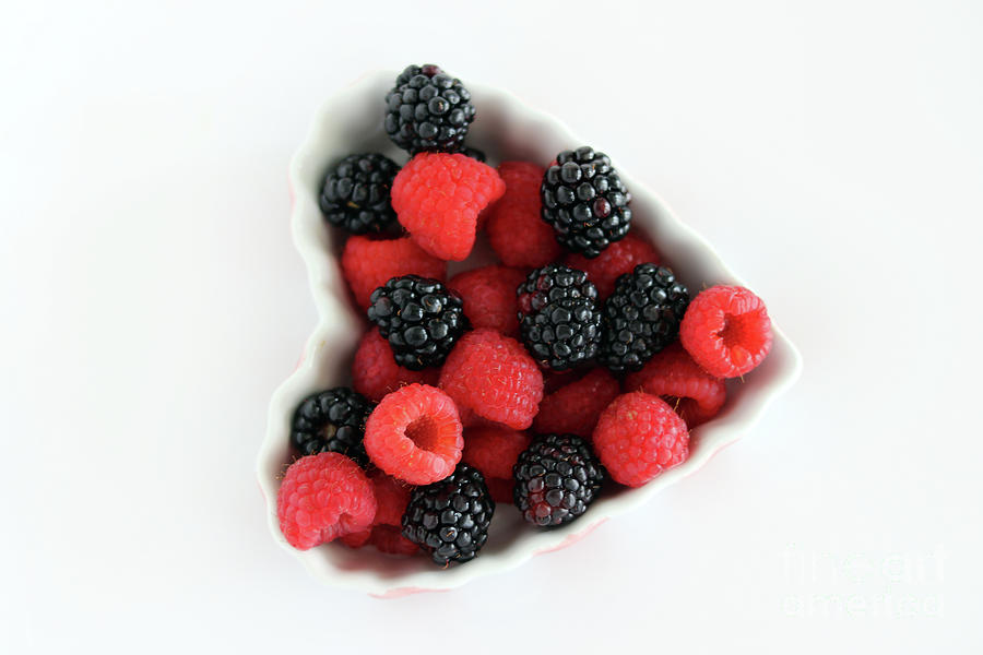 Red Raspberries and Blackberries in a Pink and White Bowl with White Background 7296 Photograph by Jack Schultz