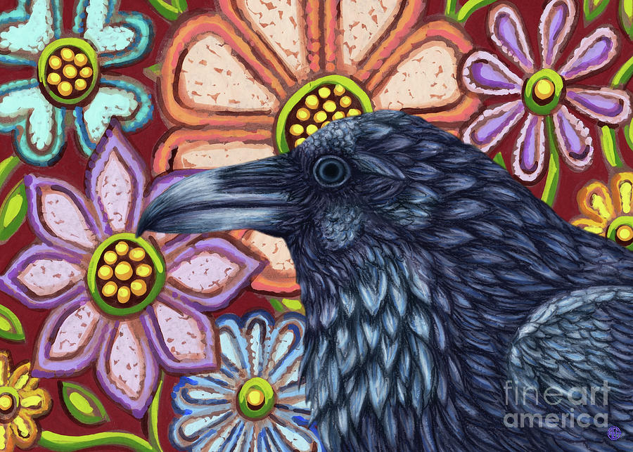 Red Raven Floral Painting by Amy E Fraser