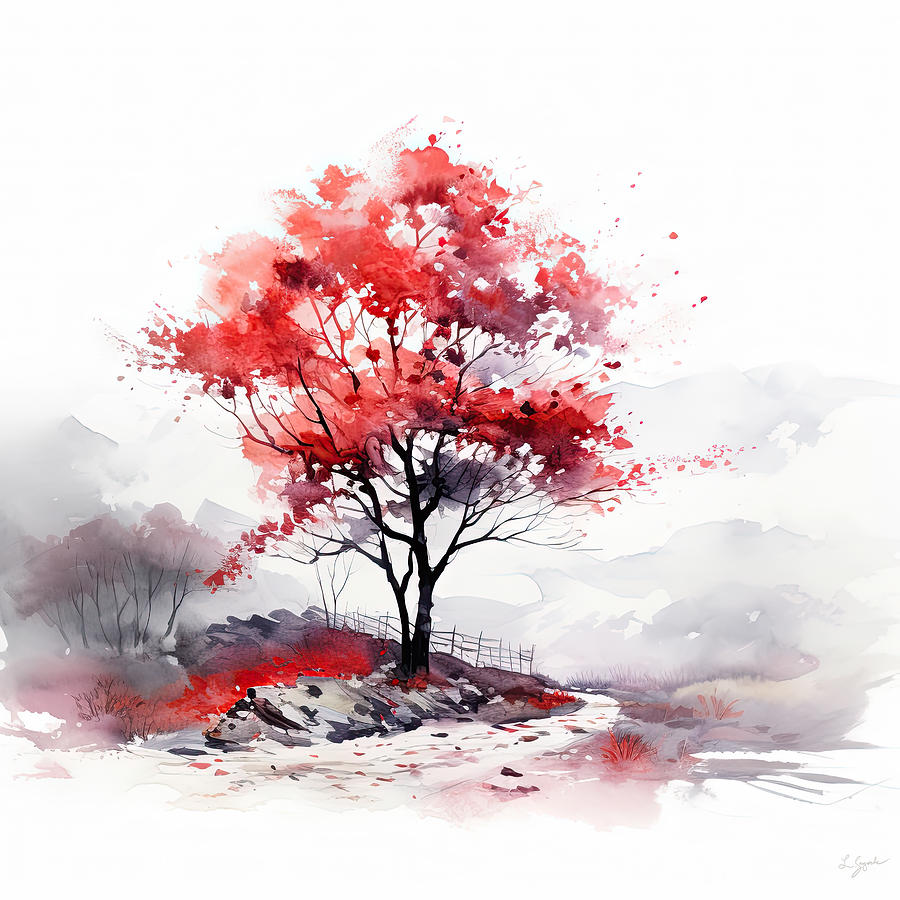 Red Reign - Red and Gray Landscape Painting by Lourry Legarde