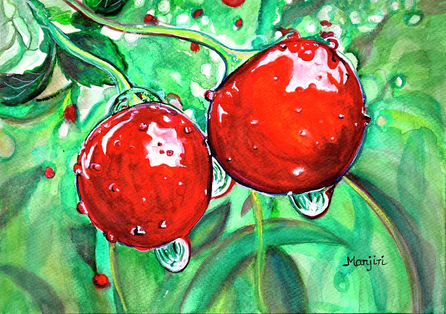 Red ripe Cherry in Orchard watercolor painting Painting by Manjiri Kanvinde