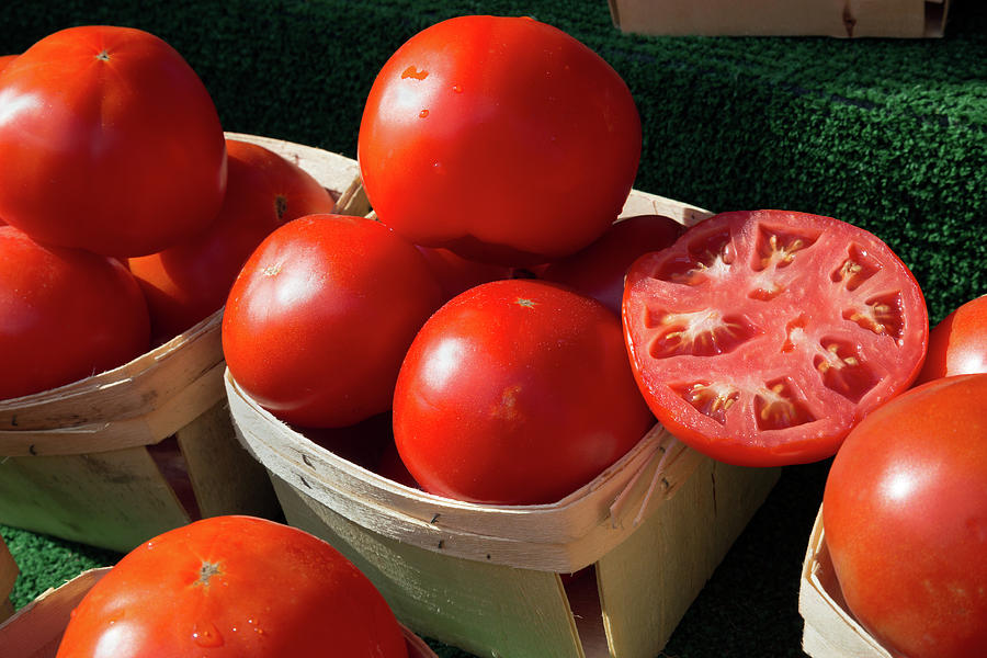 Red Ripe Tomatoes For Sale With Sample Slice Photograph