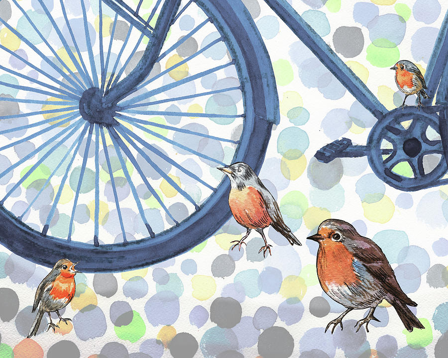 Red Robin Birds At The Bicycle Wheel Watercolor Painting  Painting by Irina Sztukowski